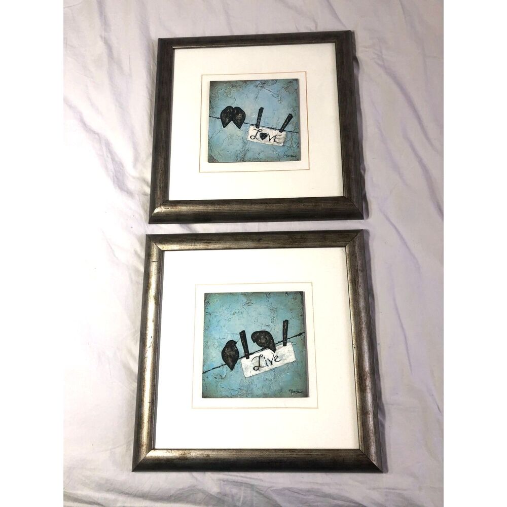Set Vtg Britt Hallowell Framed Art Prints Live Love Birds On Wire Teal Whimsical